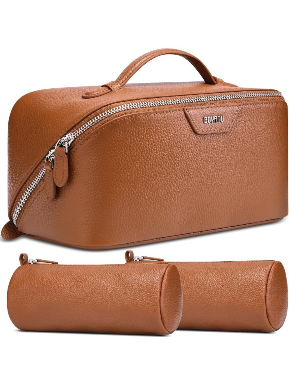 Genuine Leather Travel Makeup Bag Set - 3 Pcs Handcrafted Cosmetic Organizer